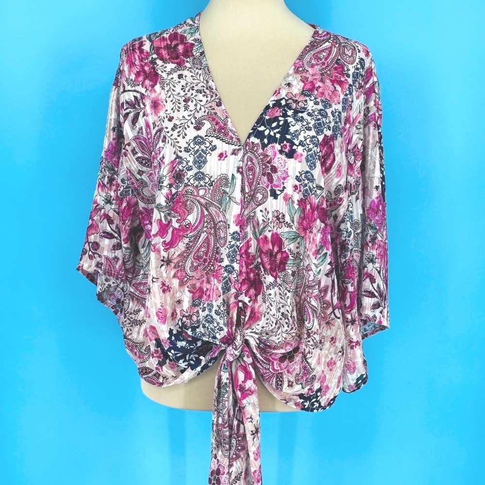 Just‎ Polly Pink Paisley Floral Tie Front V-Neck Blouse Top Large